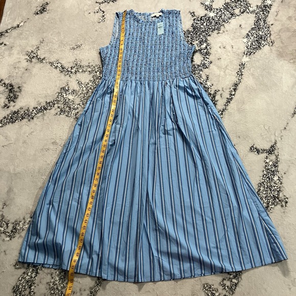Loft Dress Womens Sz XLP Striped Poplin Smocked Bodice Midi Pocket Upstream Blue - Picture 3 of 9
